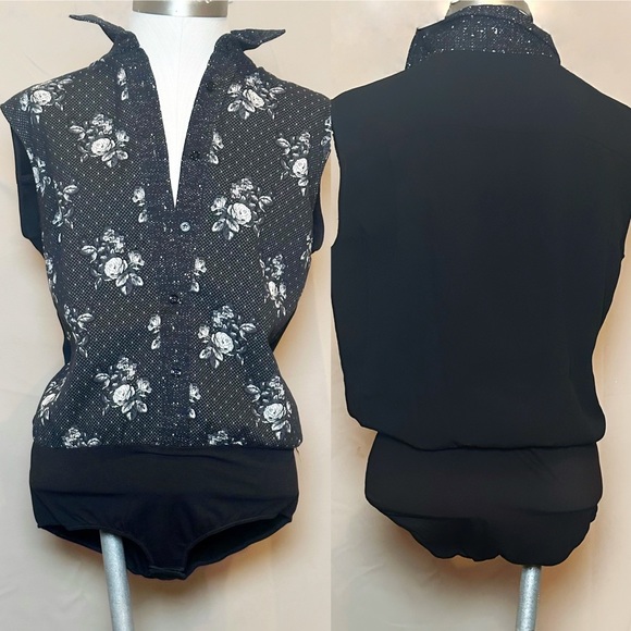NWT ISOLA MARRAS FLORAL PRINT BLACK WHITE BODY SUIT BUTTON FRONT COLLAR IT 44 L - Picture 2 of 4